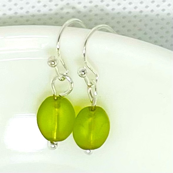 Hand Crafted Jewelry - 🔥sterling silver & vintage frosted green beach glass bead earrings boho jewelry